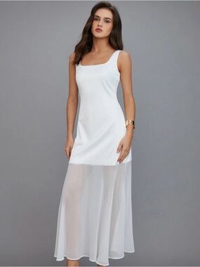 NWT Commense White Satin Maxi Dress with Sheer Skirt Large
